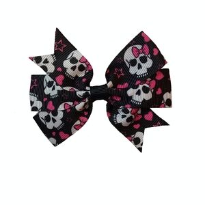 Handmade Black Skull & Pink Heart Hair Bow